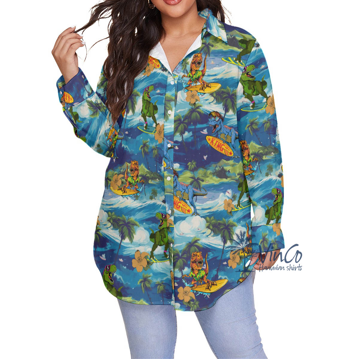 Surfing Dinosaur Tropical Hawaiian Plus Size Shirt For Women - variant image 1