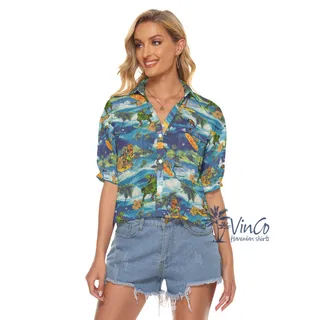 Tropical Dinosaur Surfing Hawaiian Cropped Shirt For Women