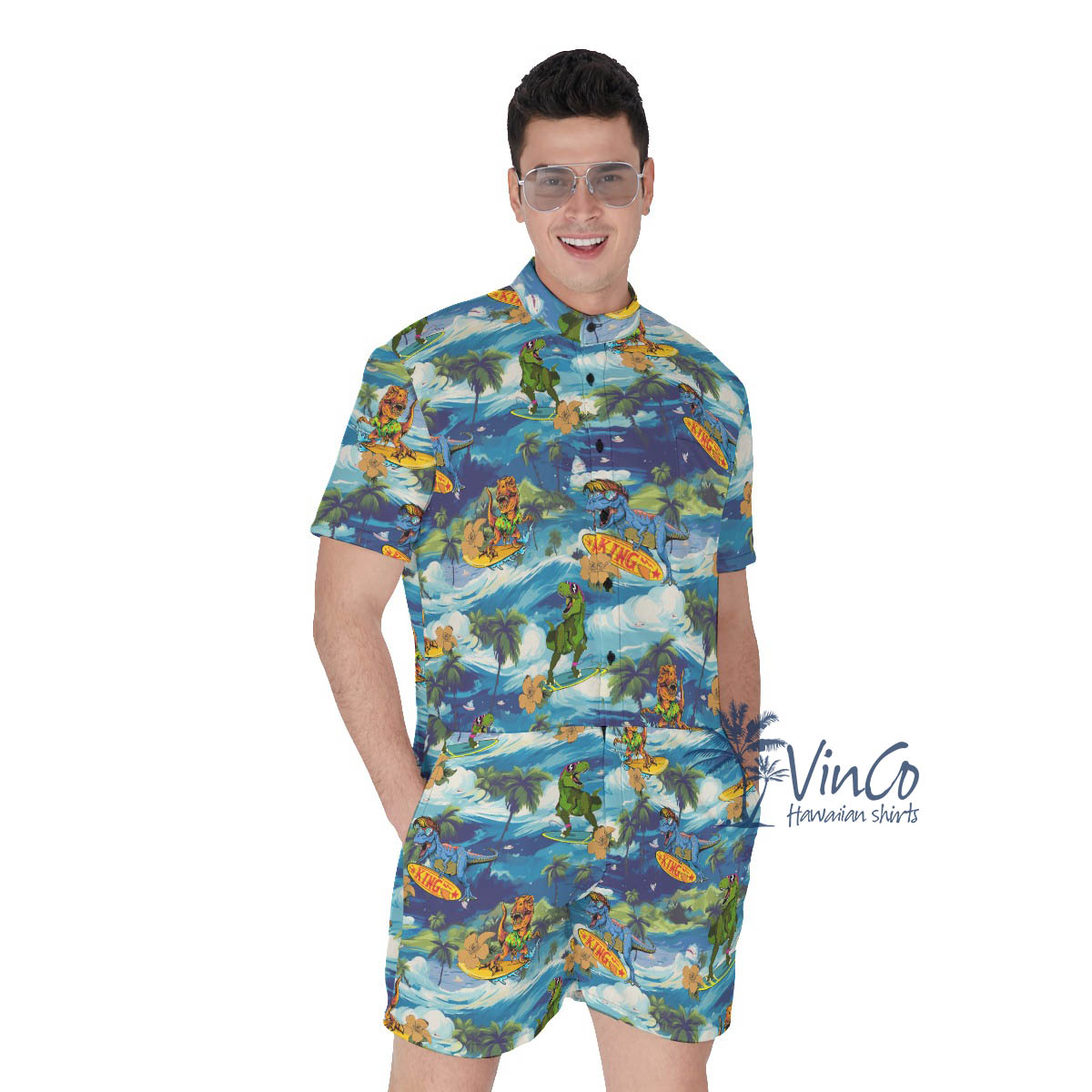 Funny Dinosaur Surfing Tropical Men's Hawaiian Romper - variant image 1