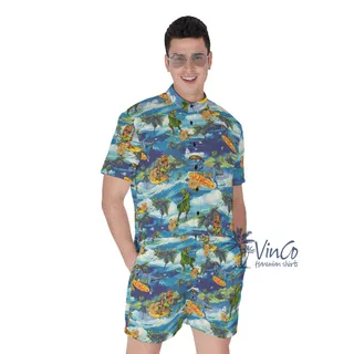 Funny Dinosaur Surfing Tropical Men's Hawaiian Romper