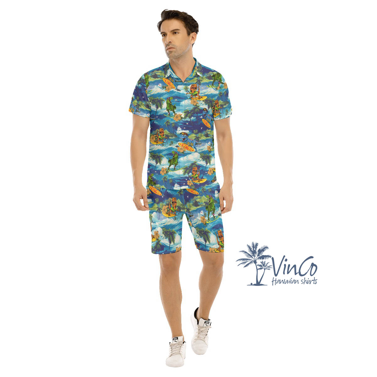 Funny Dinosaur Surfing Tropical Green Hawaiian Shirt And Shorts For Men - variant image 1