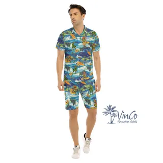 Funny Dinosaur Surfing Tropical Green Hawaiian Shirt And Shorts For Men