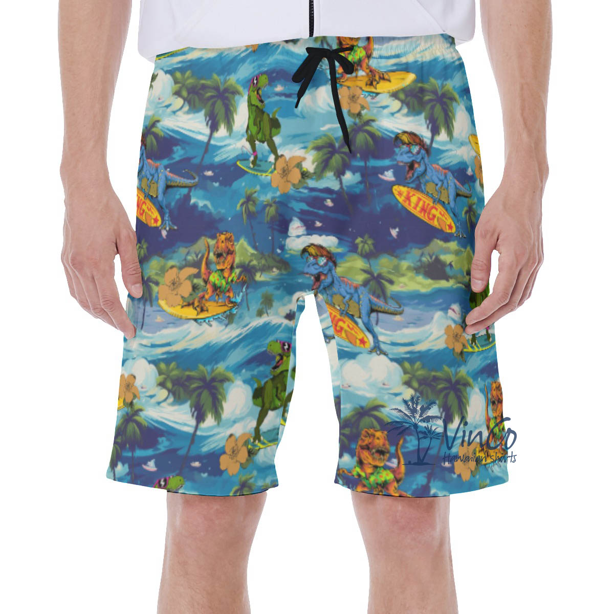 Funny Surfing Dinosaur Tropical Hawaiian Swim Trunks For Men - variant image 1