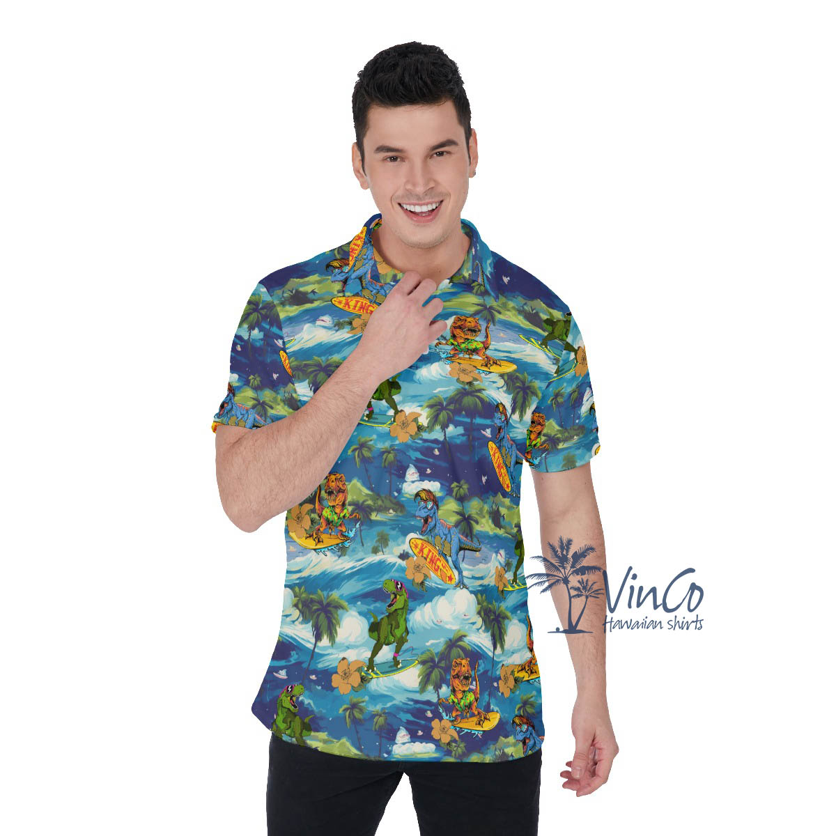 Tropical Dinosaur Surfing Hawaiian Polo Shirt For Men - variant image 1
