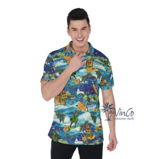 Tropical Dinosaur Surfing Hawaiian Polo Shirt For Men