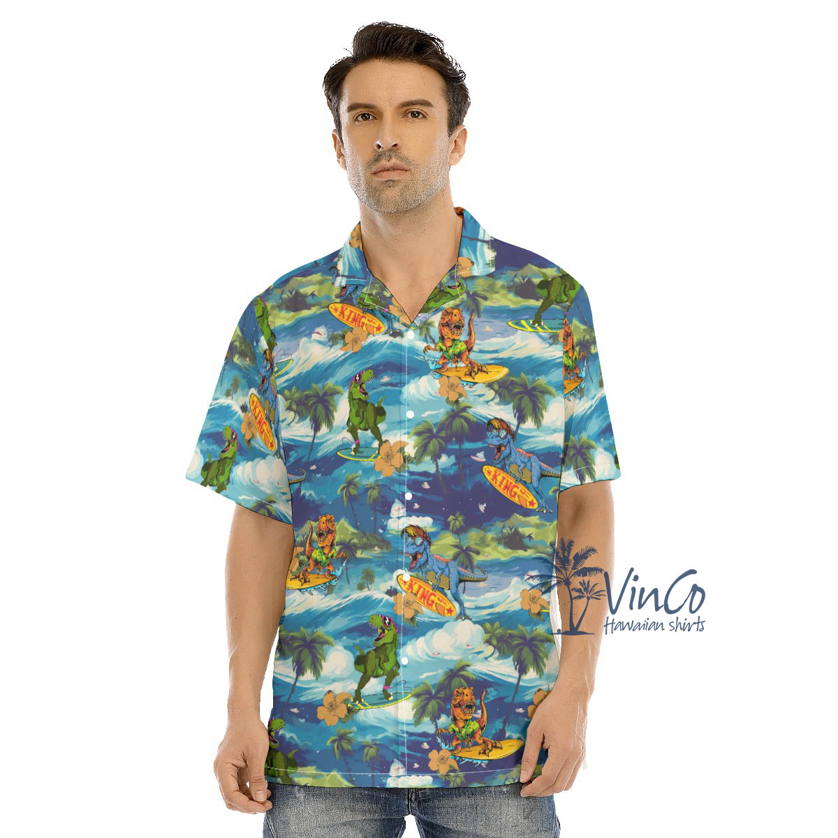 Funny Dinosaur Surfing Tropical Hawaiian Shirt - variant image 1
