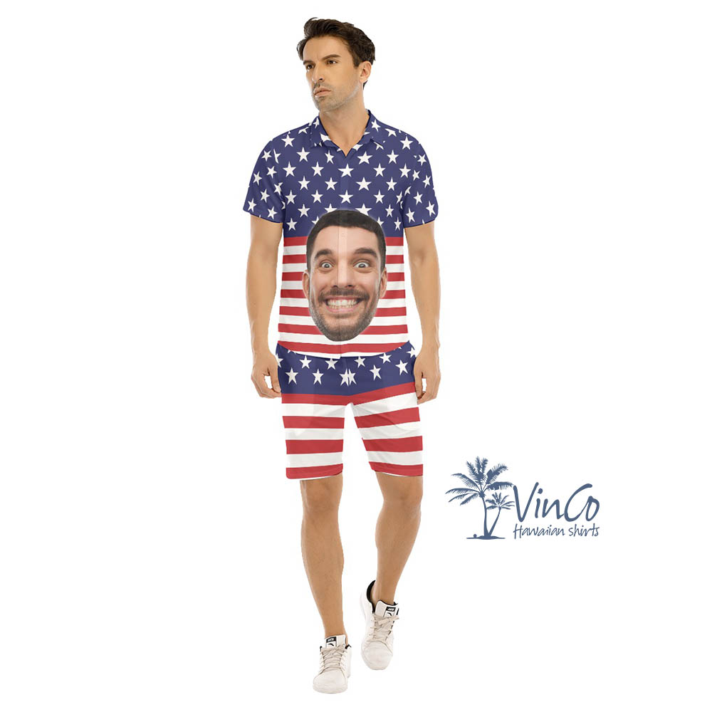 Custom American Flag Hawaiian Shirts Set With Faces For Men - variant image 1
