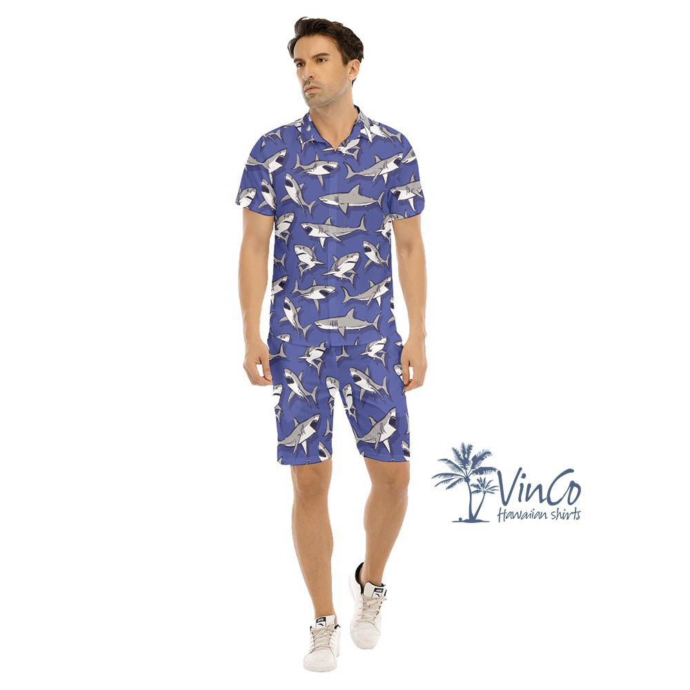 Funny Shark Purple Hawaiian Shirt Set For Men - variant image 1