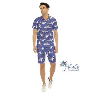 Funny Shark Purple Hawaiian Shirt Set For Men
