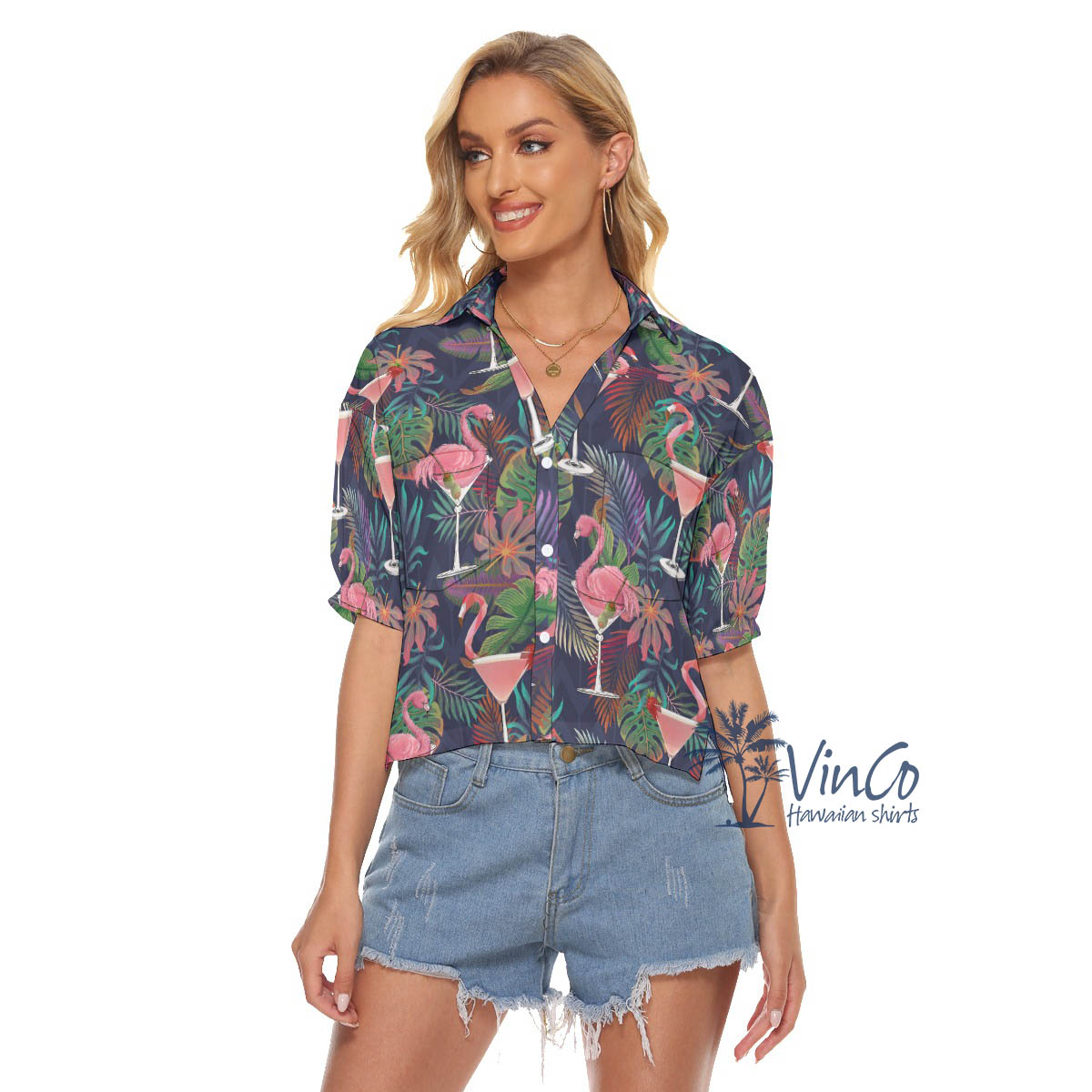Tropical Pink Flamingo Cocktails Hawaiian Crop Top Shirt For Women - variant image 1
