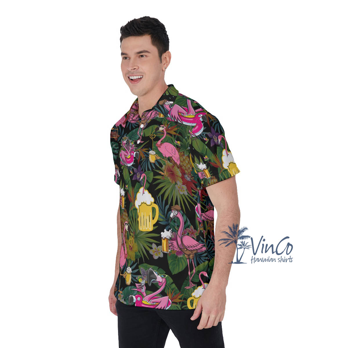 Tropical Flamingo Beer Hawaiian Polo Shirt For Men