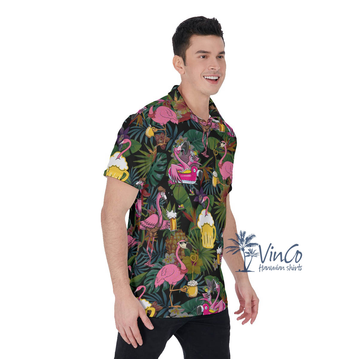 Tropical Flamingo Beer Hawaiian Polo Shirt For Men