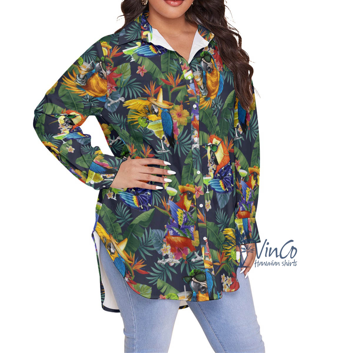 Funny Parrot Cocktails Tropical Hawaiian Plus Size Shirt For Women