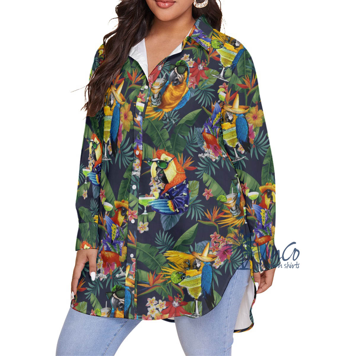 Funny Parrot Cocktails Tropical Hawaiian Plus Size Shirt For Women