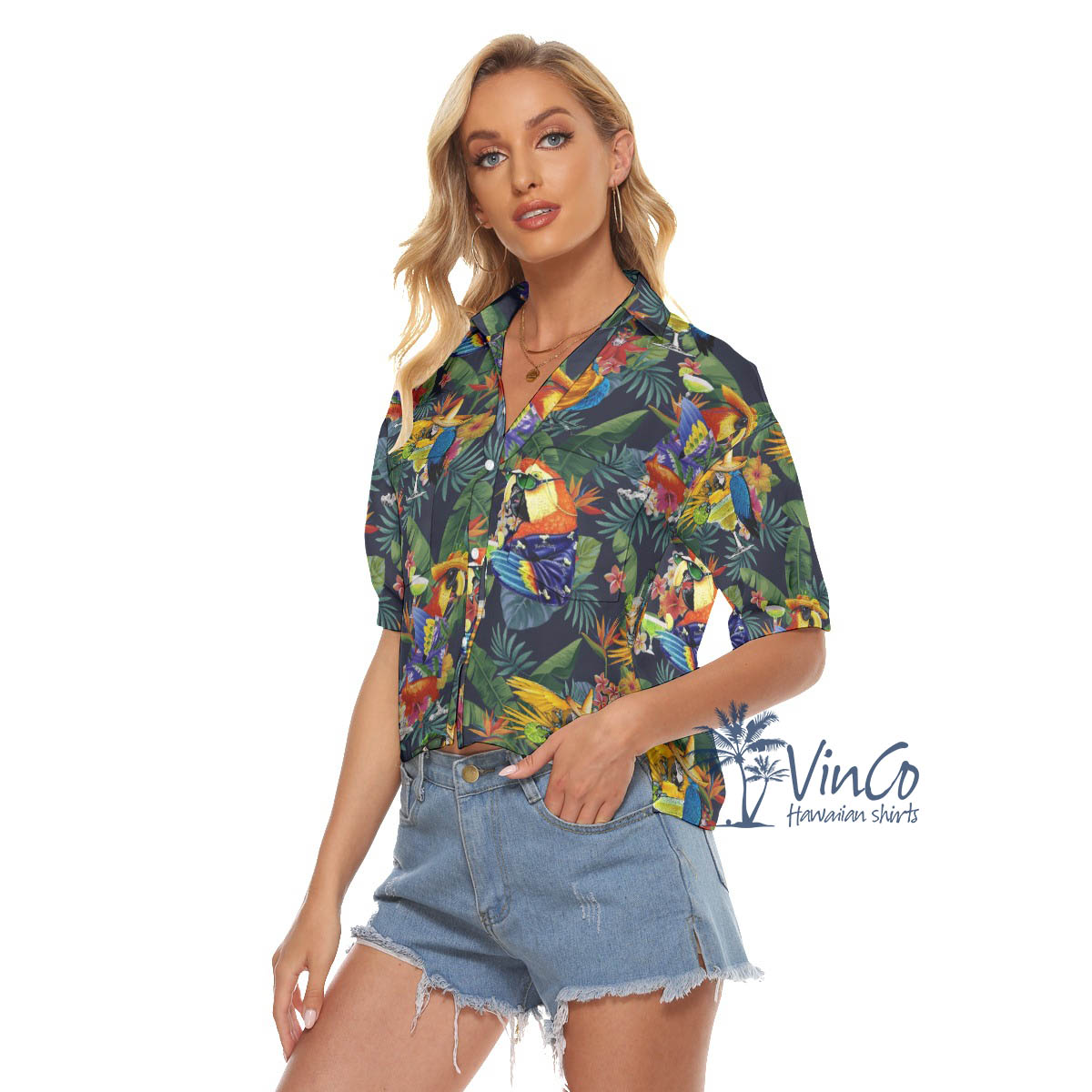 Funny Cocktails Parrots Tropical Hawaiian Crop Top Shirt For Women