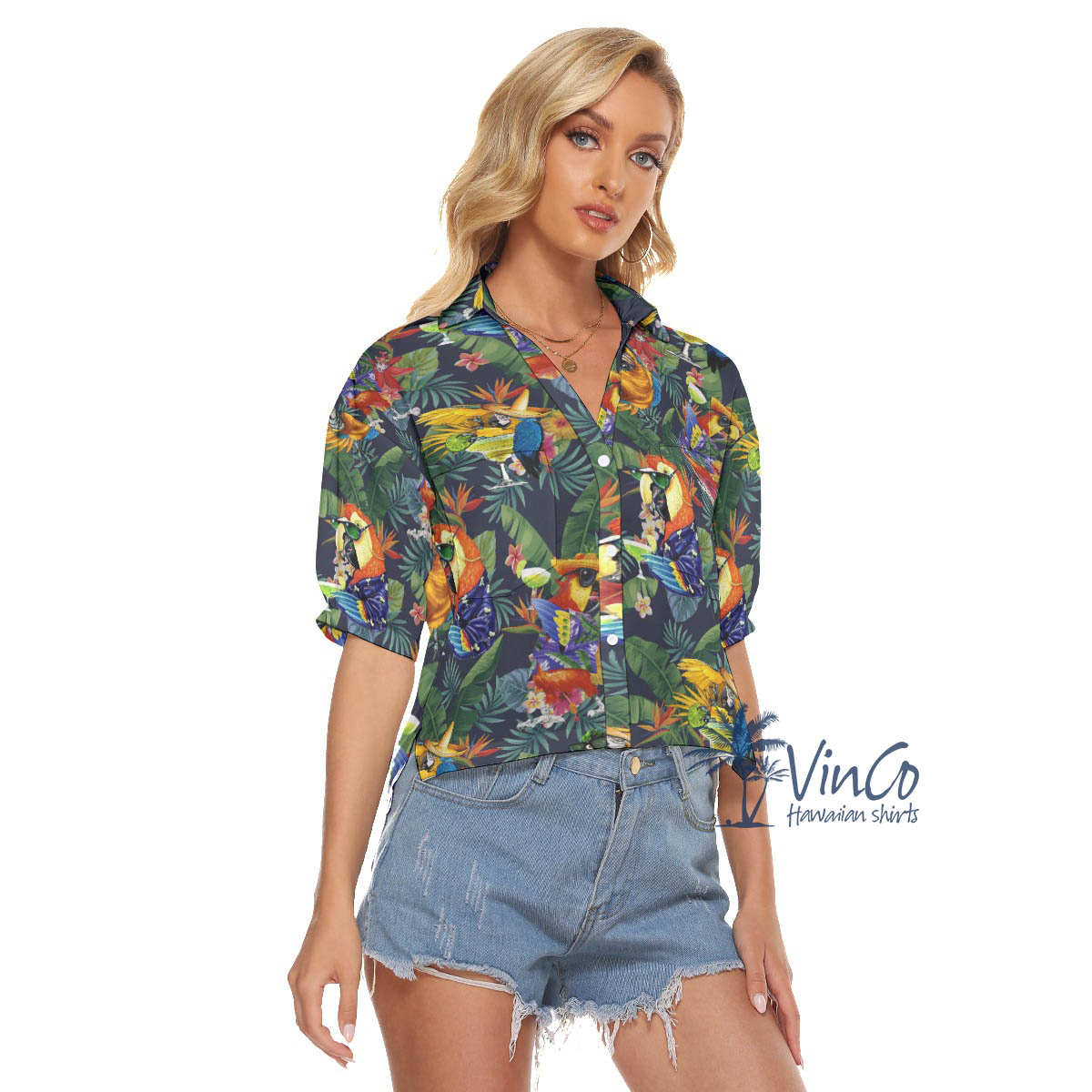 Funny Cocktails Parrots Tropical Hawaiian Crop Top Shirt For Women