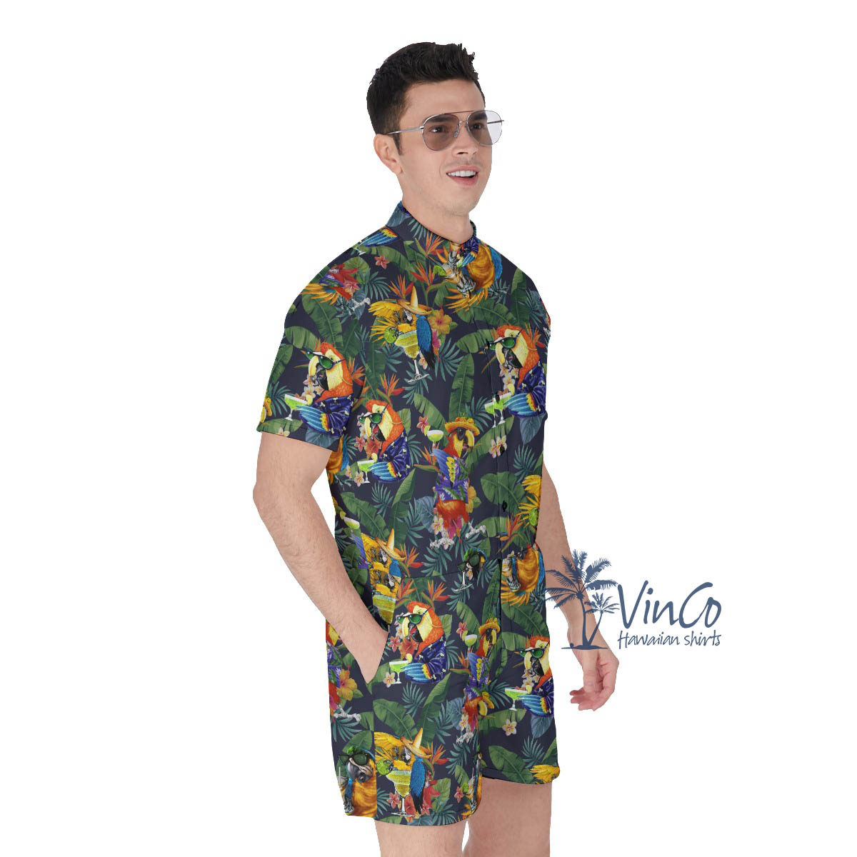 Tropical Parrot Cocktails Hawaiian Romper For Men