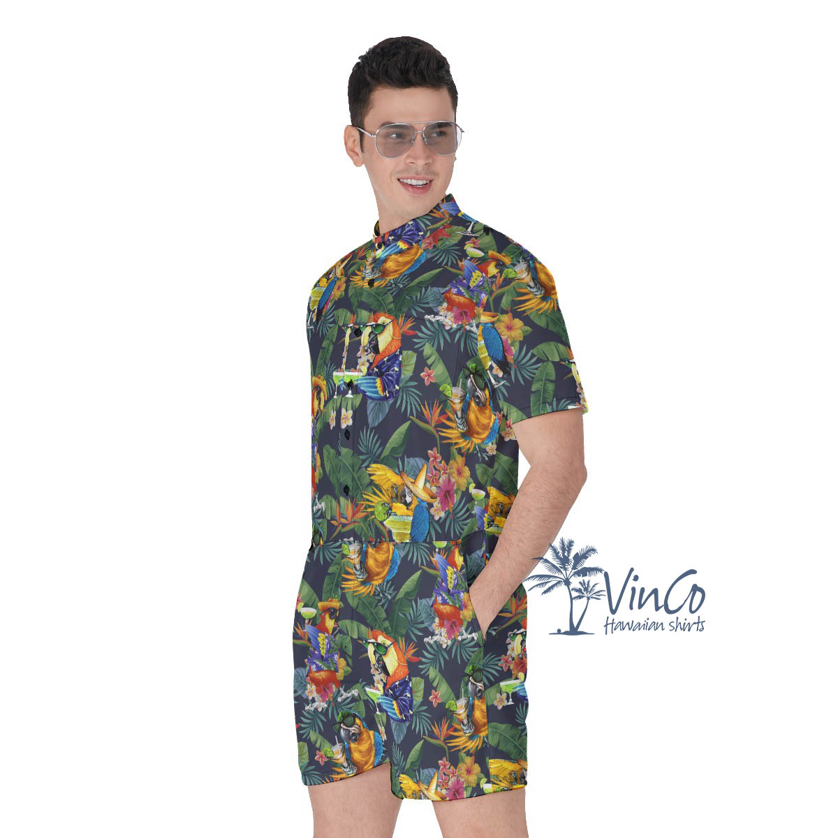 Tropical Parrot Cocktails Hawaiian Romper For Men