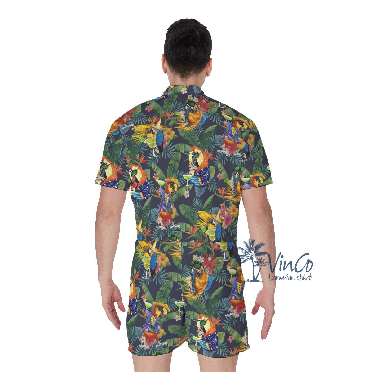 Tropical Parrot Cocktails Hawaiian Romper For Men