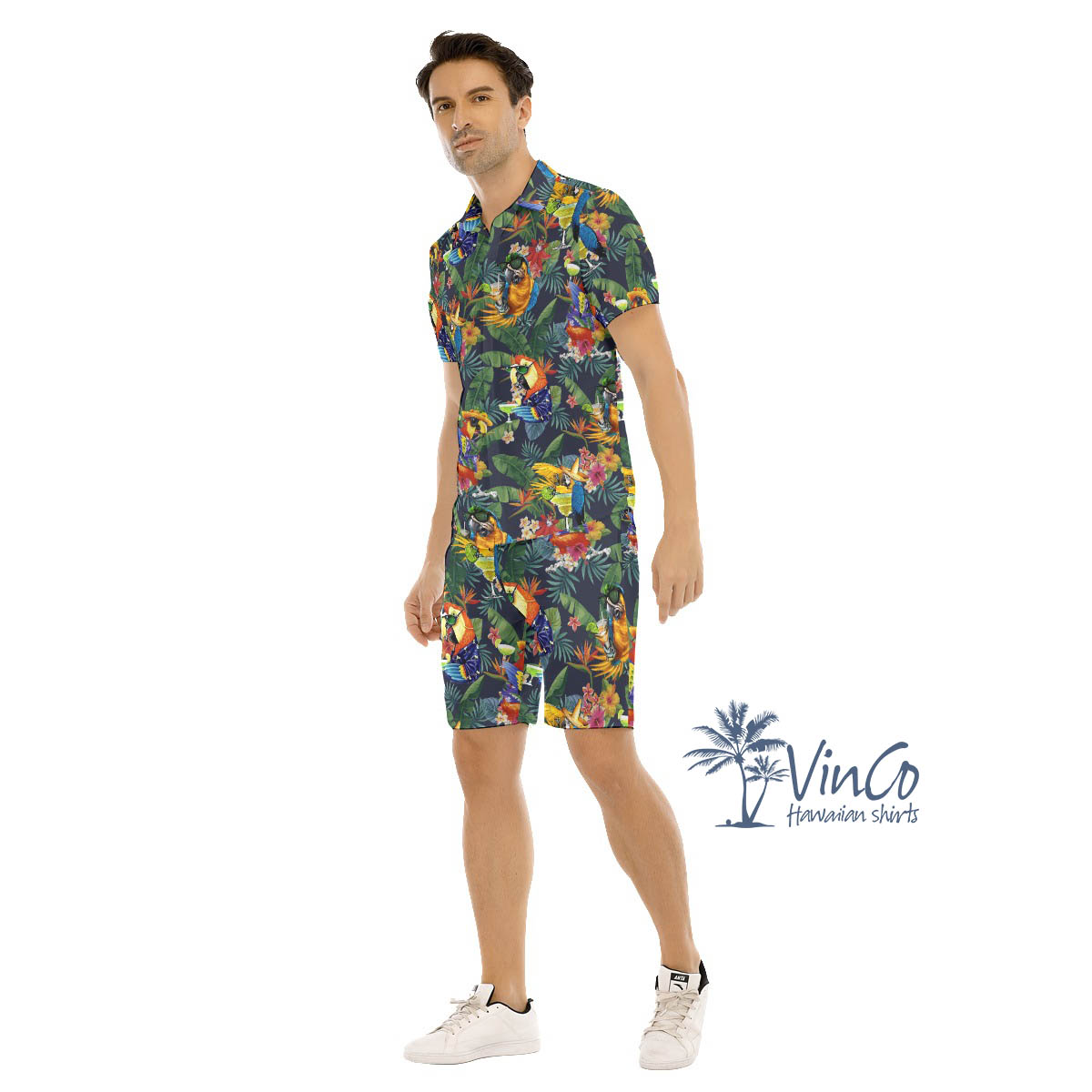Set Parrot Cocktails Tropical Hawaiian Shirt And Matching Shorts For Men