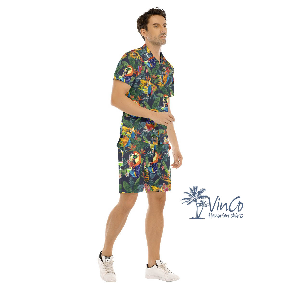 Set Parrot Cocktails Tropical Hawaiian Shirt And Matching Shorts For Men