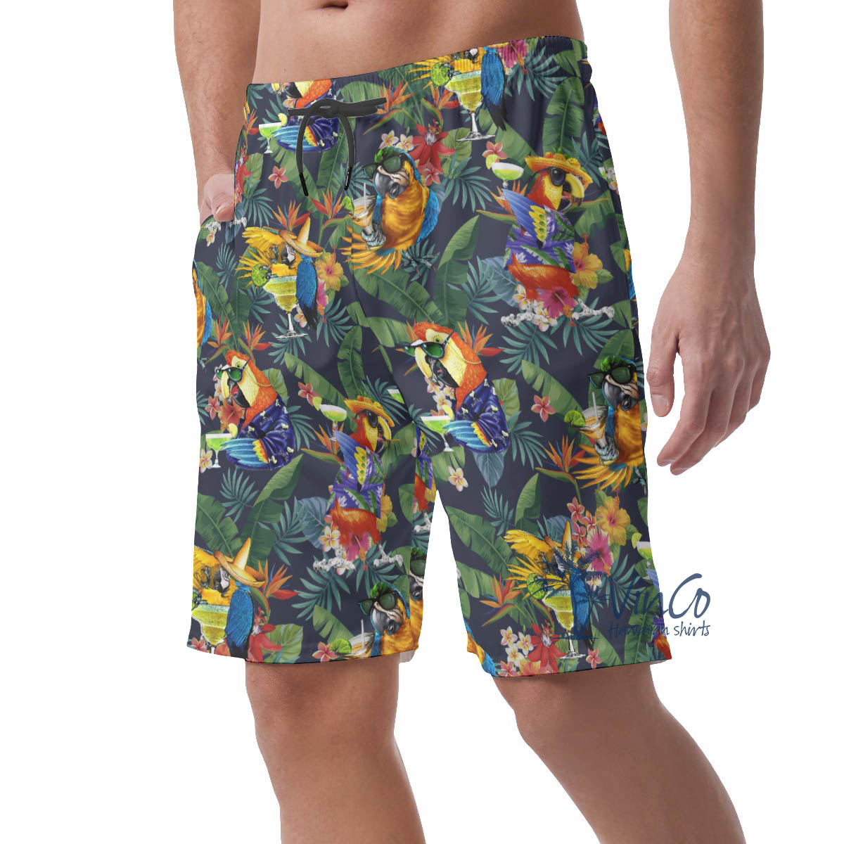Funny Cocktails Parrot Tropical Hawaiian Beach Shorts For Men