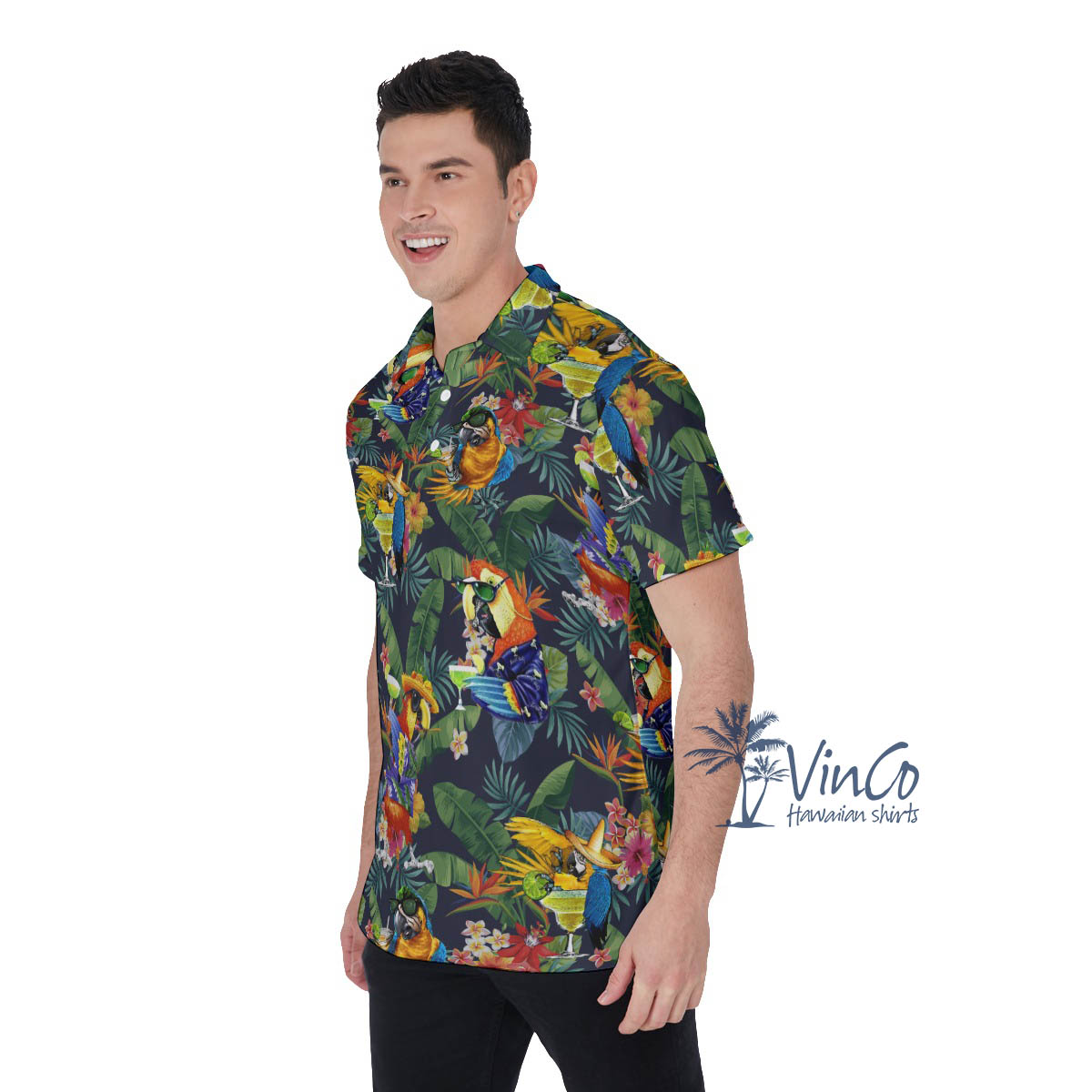 Funny Parrots Cocktails Tropical Hawaiian Polo Shirt For Men