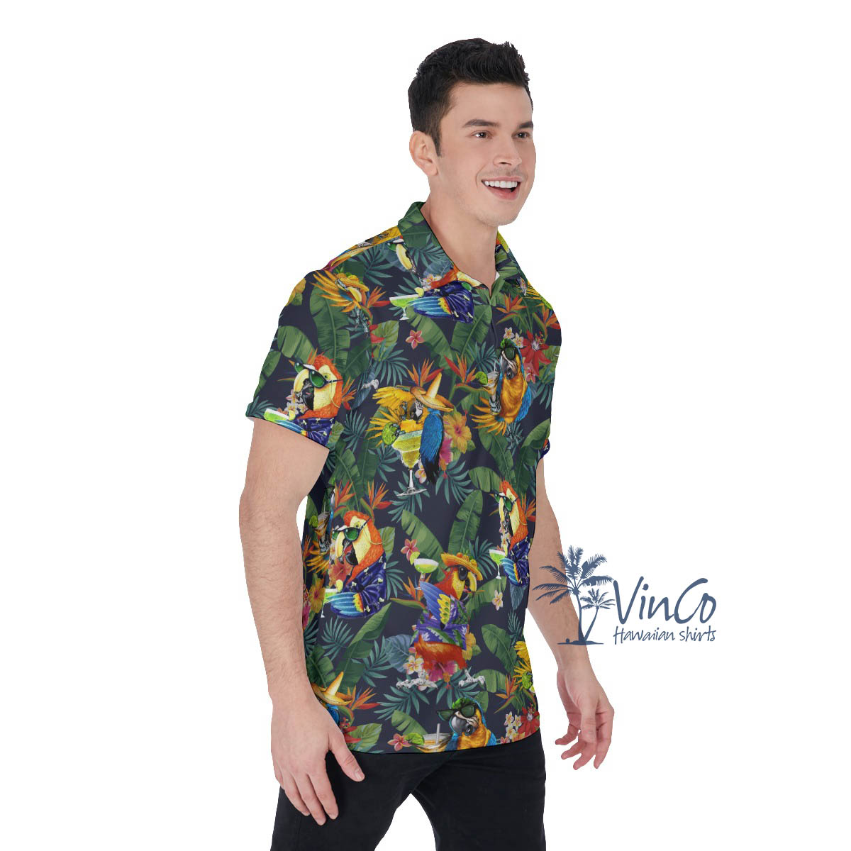 Funny Parrots Cocktails Tropical Hawaiian Polo Shirt For Men