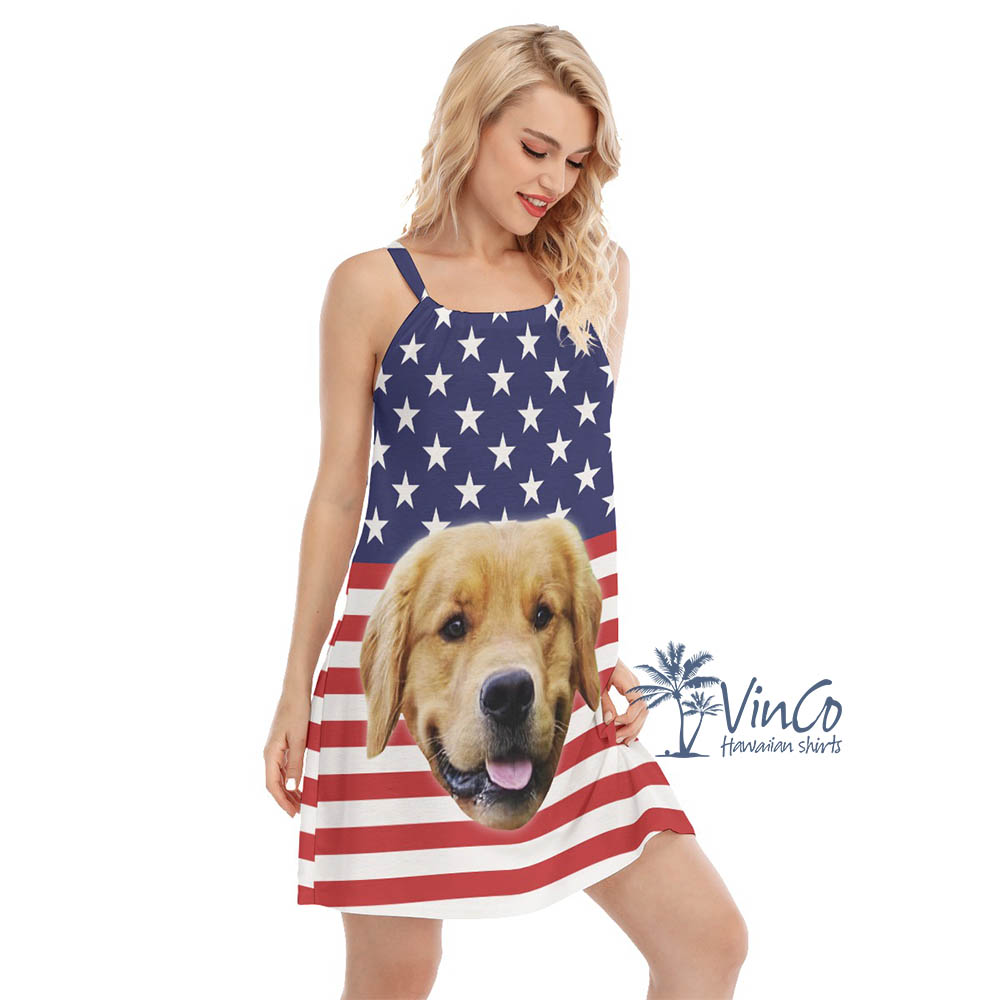 Custom Dog Face Patriotic USA Women's Dress