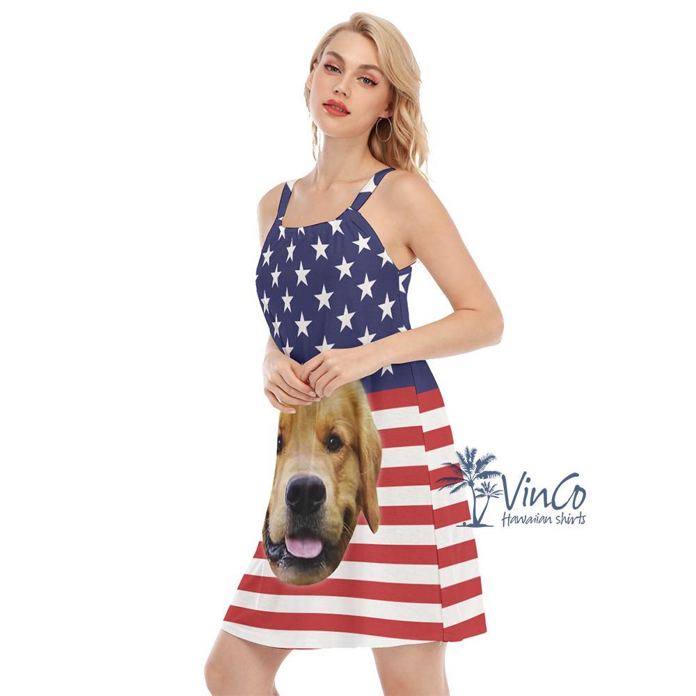 Custom Dog Face Patriotic USA Women's Dress