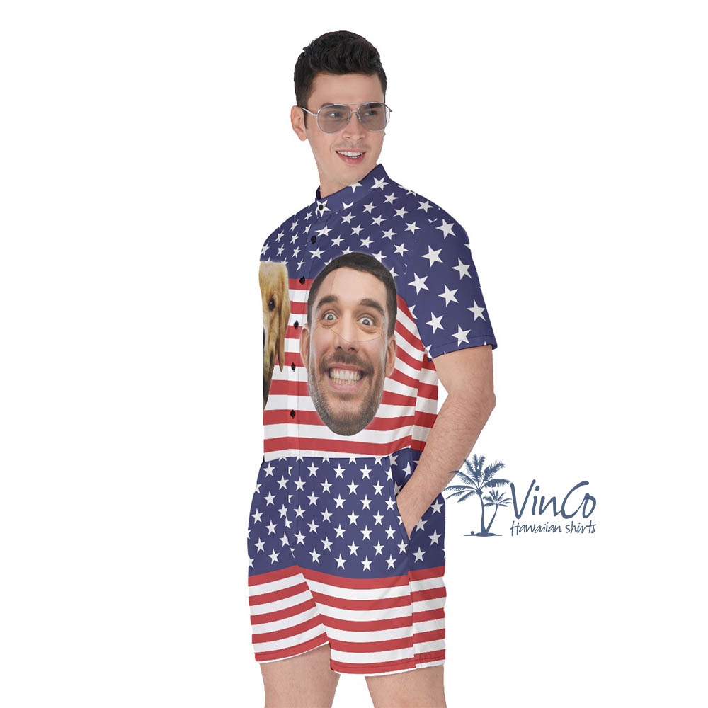 Custom Dog Face American Flag Romper For Men