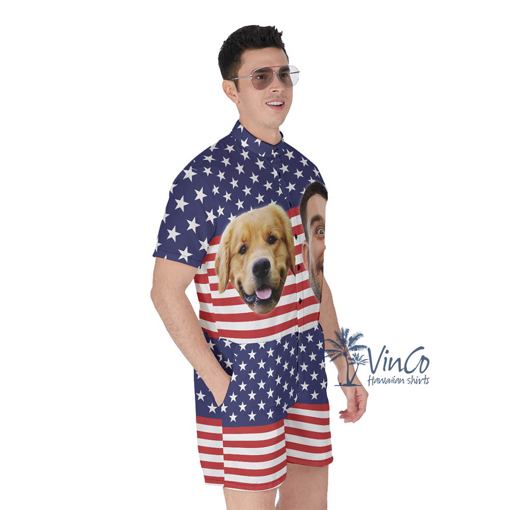 Custom Dog Face American Flag Romper For Men