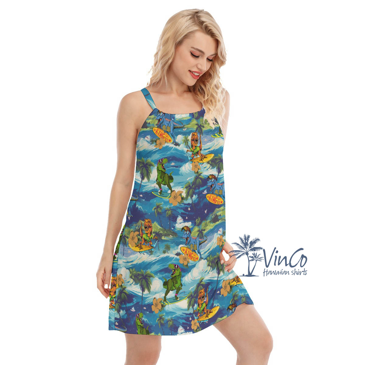 Funny Dinosaur Surfing Tropical Hawaiian Dresses For Women