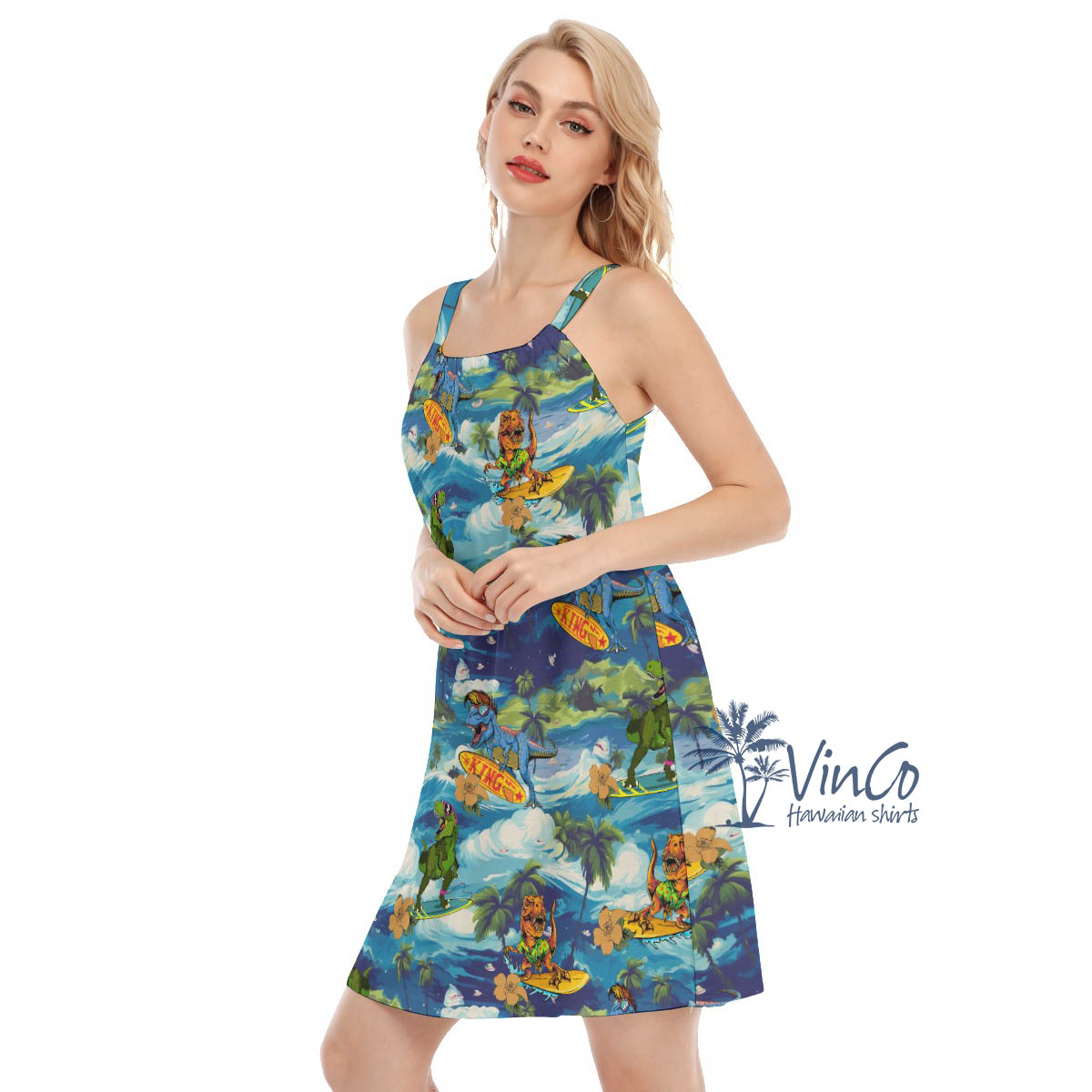 Funny Dinosaur Surfing Tropical Hawaiian Dresses For Women