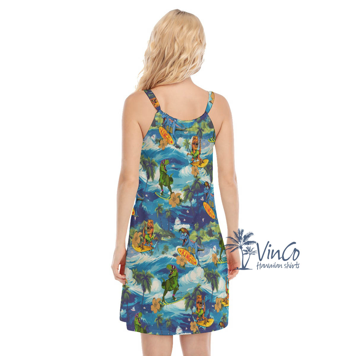 Funny Dinosaur Surfing Tropical Hawaiian Dresses For Women