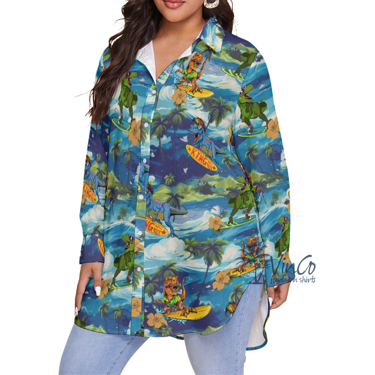 Surfing Dinosaur Tropical Hawaiian Plus Size Shirt For Women