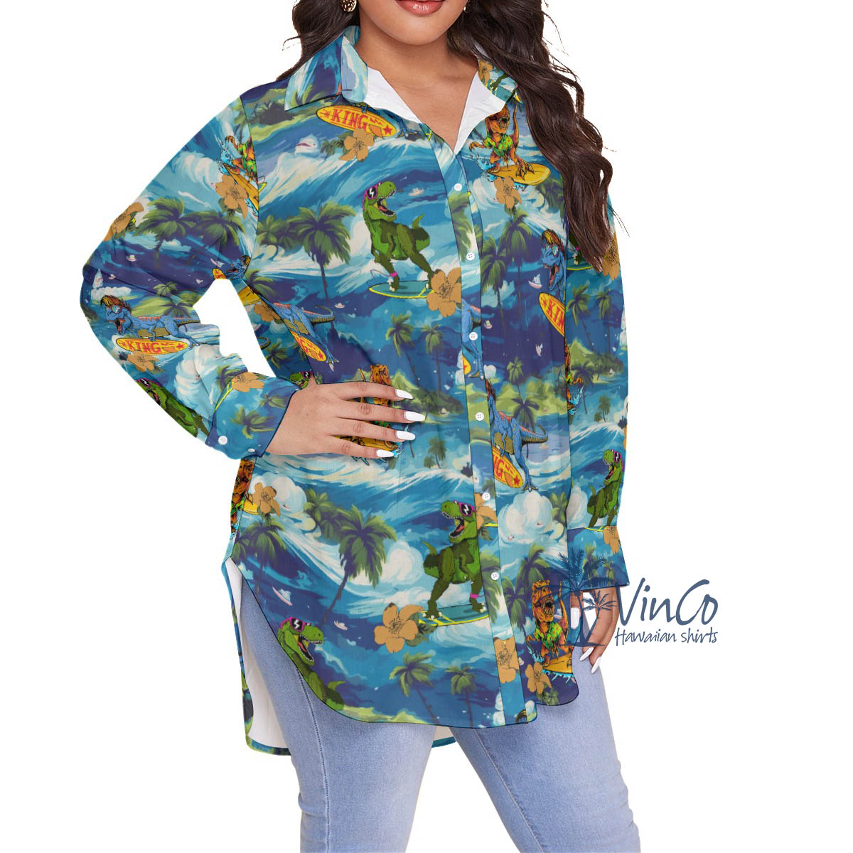 Surfing Dinosaur Tropical Hawaiian Plus Size Shirt For Women