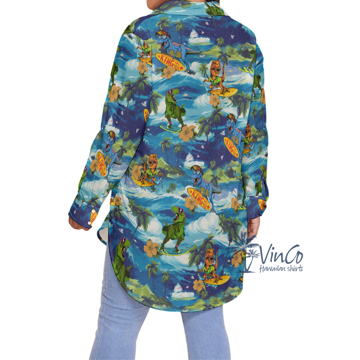 Surfing Dinosaur Tropical Hawaiian Plus Size Shirt For Women
