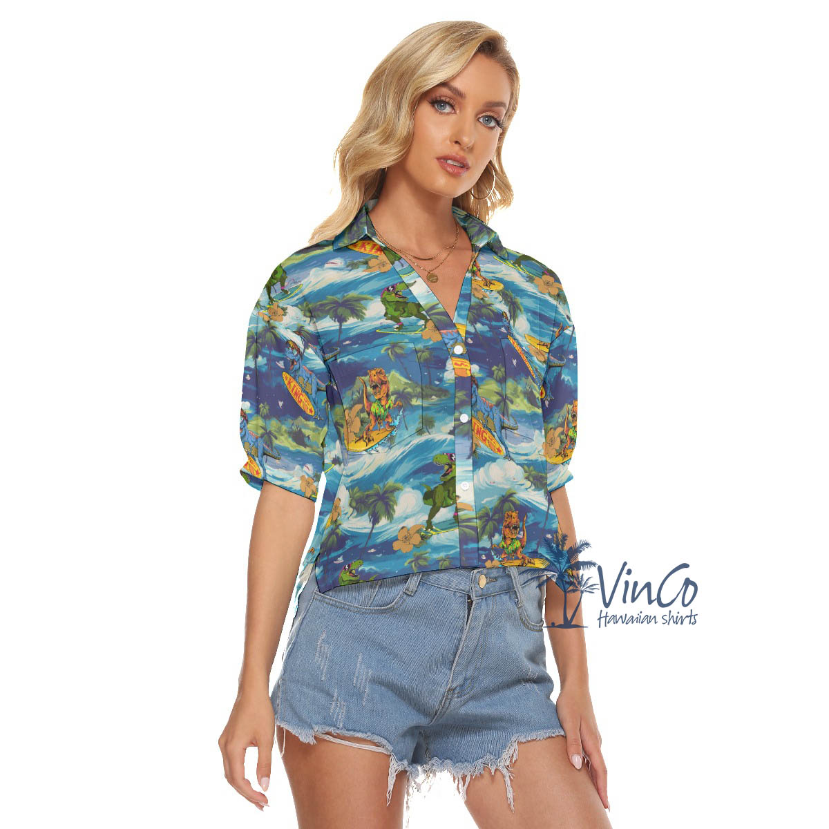 Tropical Dinosaur Surfing Hawaiian Cropped Shirt For Women