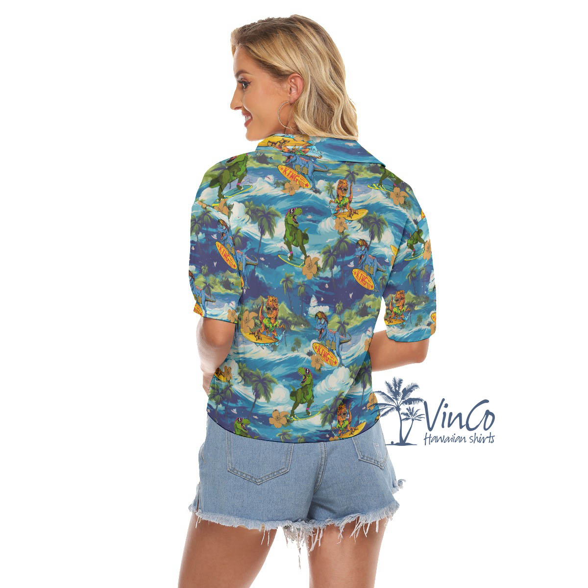 Tropical Dinosaur Surfing Hawaiian Cropped Shirt For Women