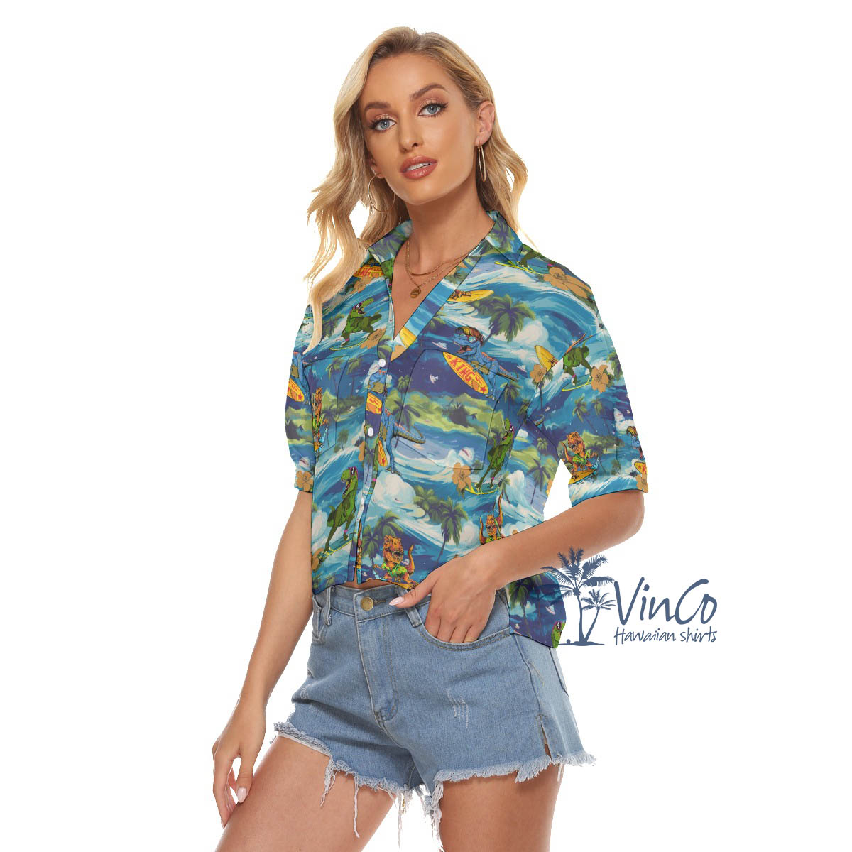 Tropical Dinosaur Surfing Hawaiian Cropped Shirt For Women