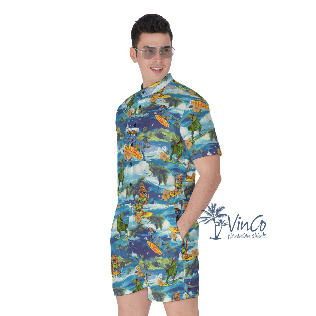 Funny Dinosaur Surfing Tropical Men's Hawaiian Romper