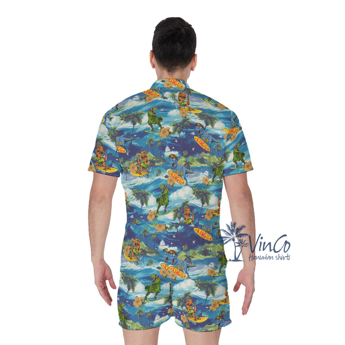 Funny Dinosaur Surfing Tropical Men's Hawaiian Romper