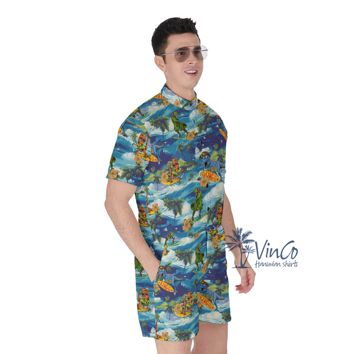 Funny Dinosaur Surfing Tropical Men's Hawaiian Romper