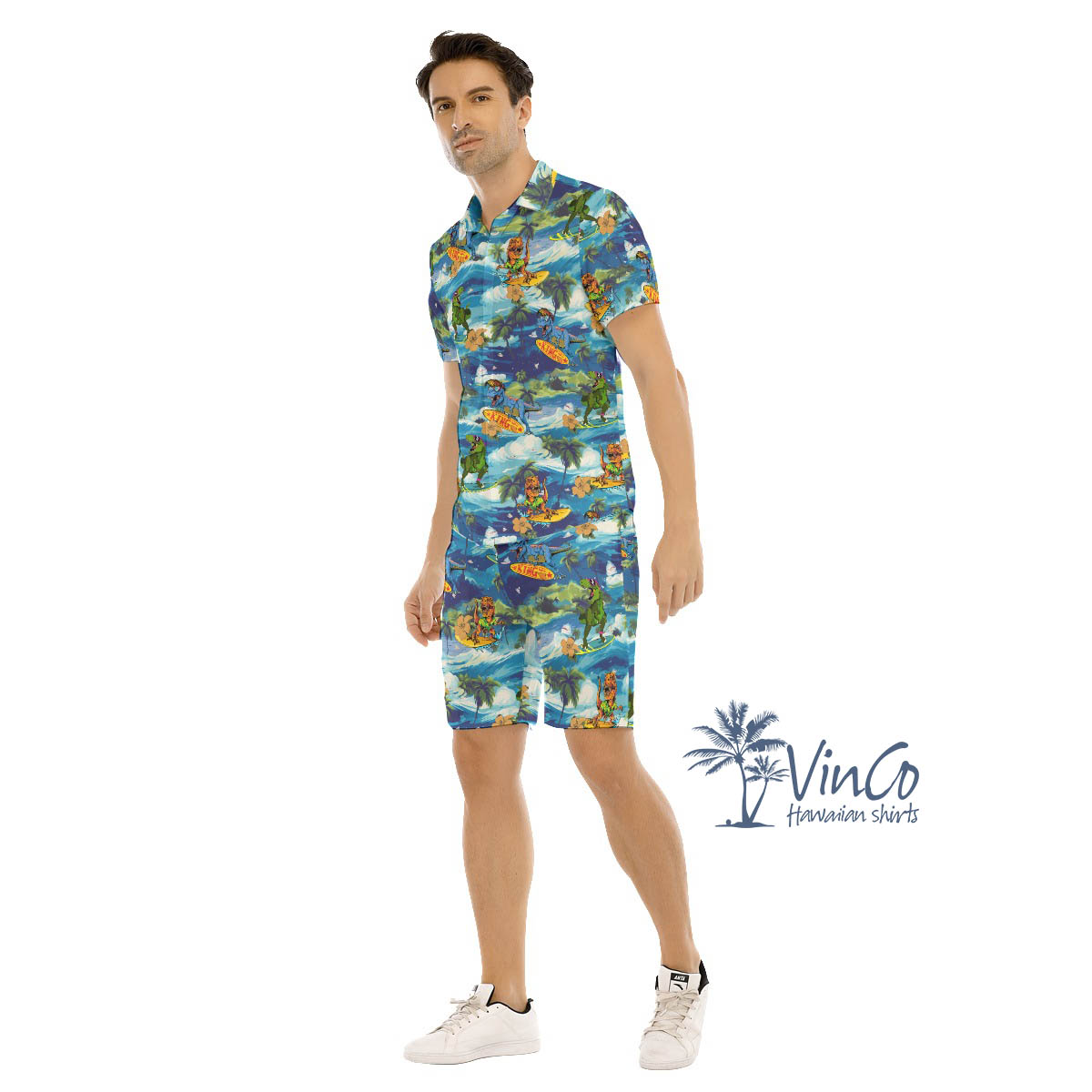 Funny Dinosaur Surfing Tropical Green Hawaiian Shirt And Shorts For Men