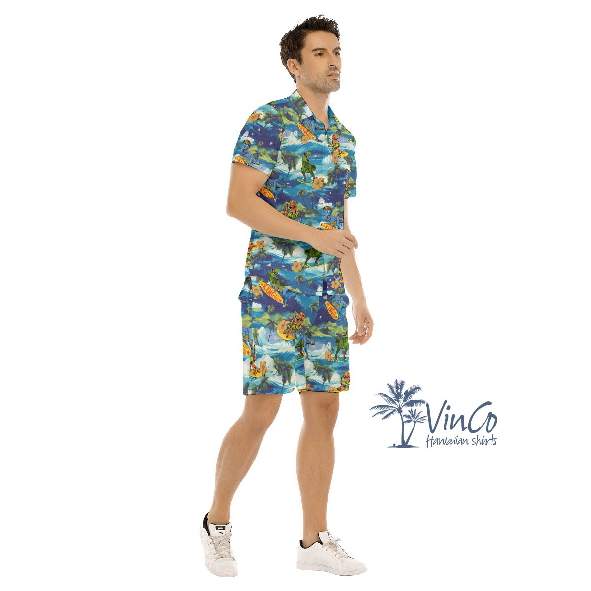 Funny Dinosaur Surfing Tropical Green Hawaiian Shirt And Shorts For Men