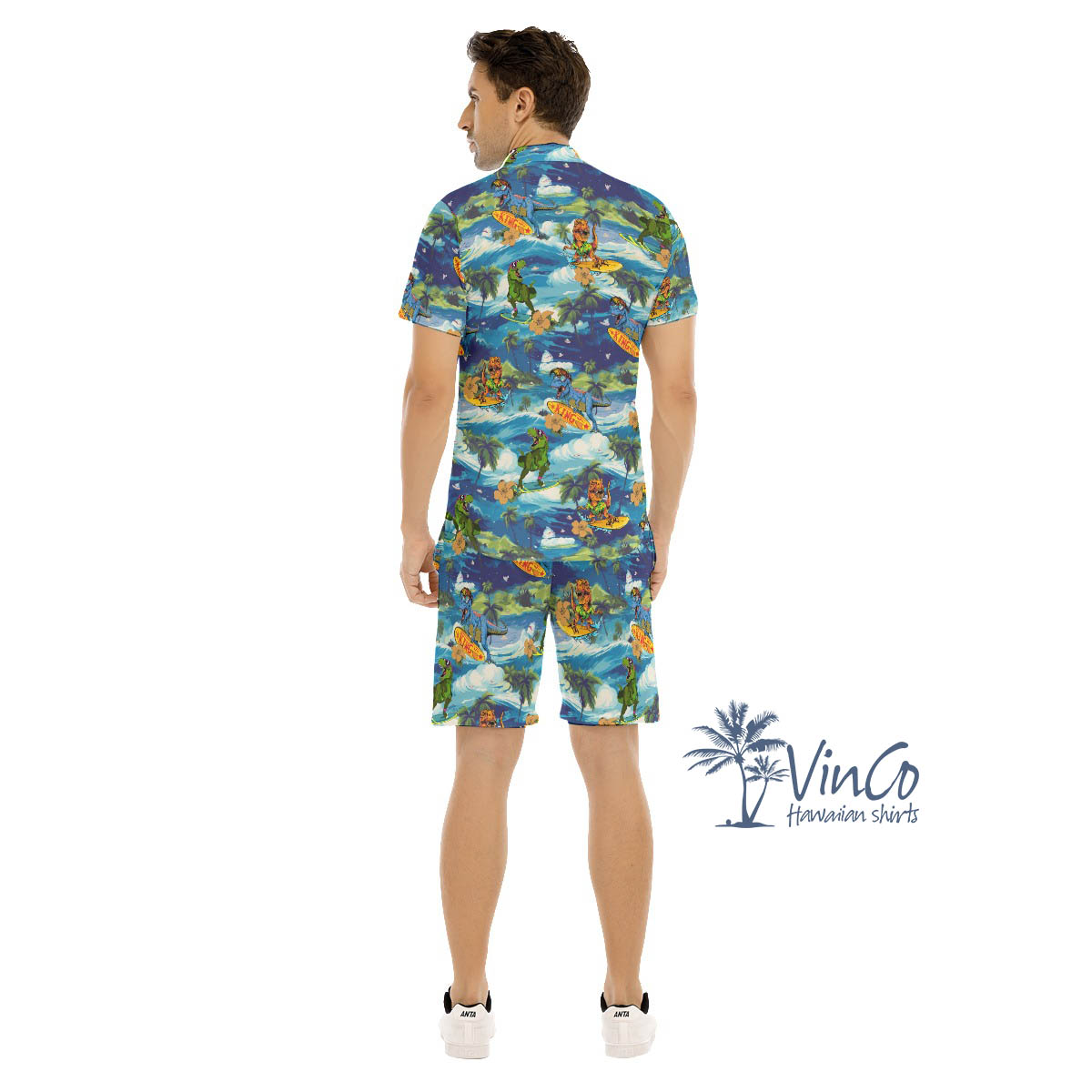 Funny Dinosaur Surfing Tropical Green Hawaiian Shirt And Shorts For Men