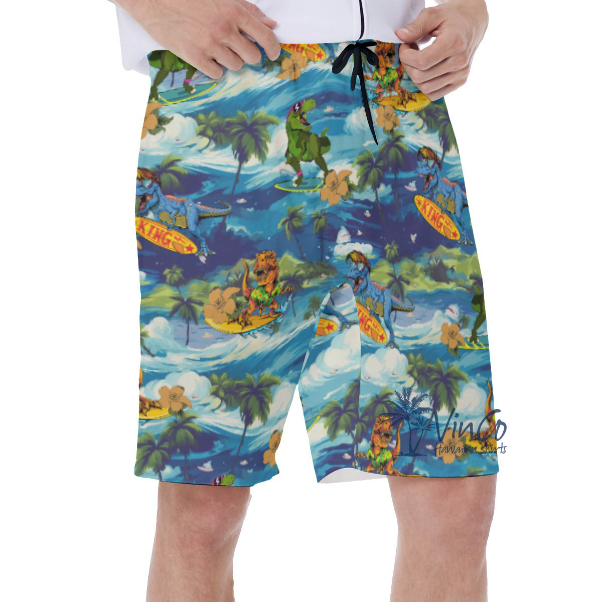 Funny Surfing Dinosaur Tropical Hawaiian Swim Trunks For Men