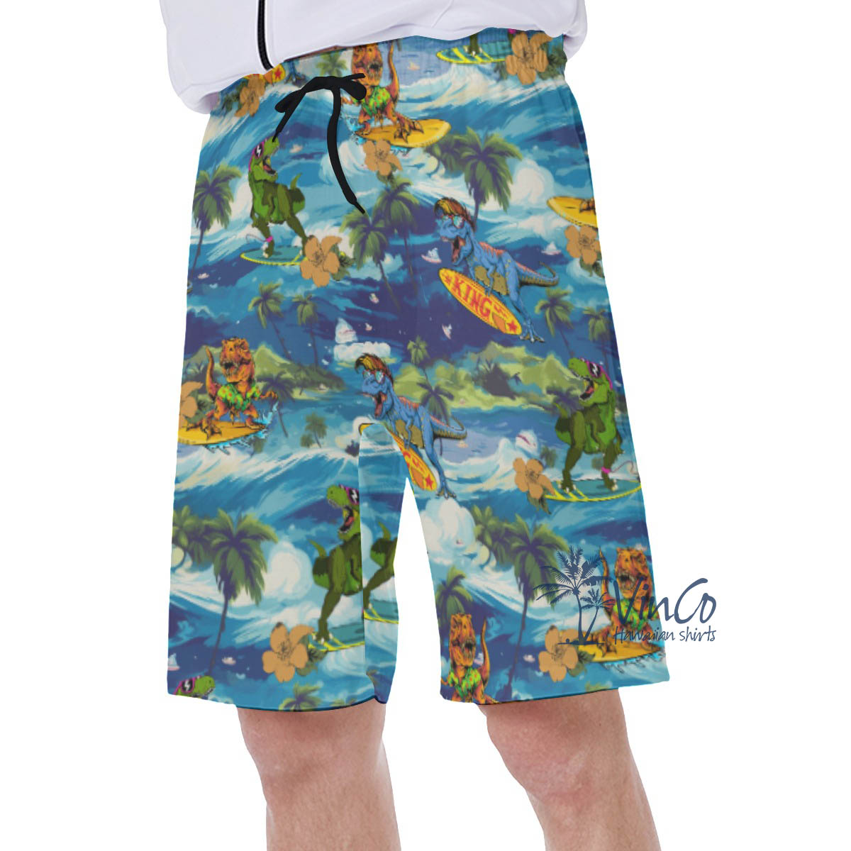 Funny Surfing Dinosaur Tropical Hawaiian Swim Trunks For Men