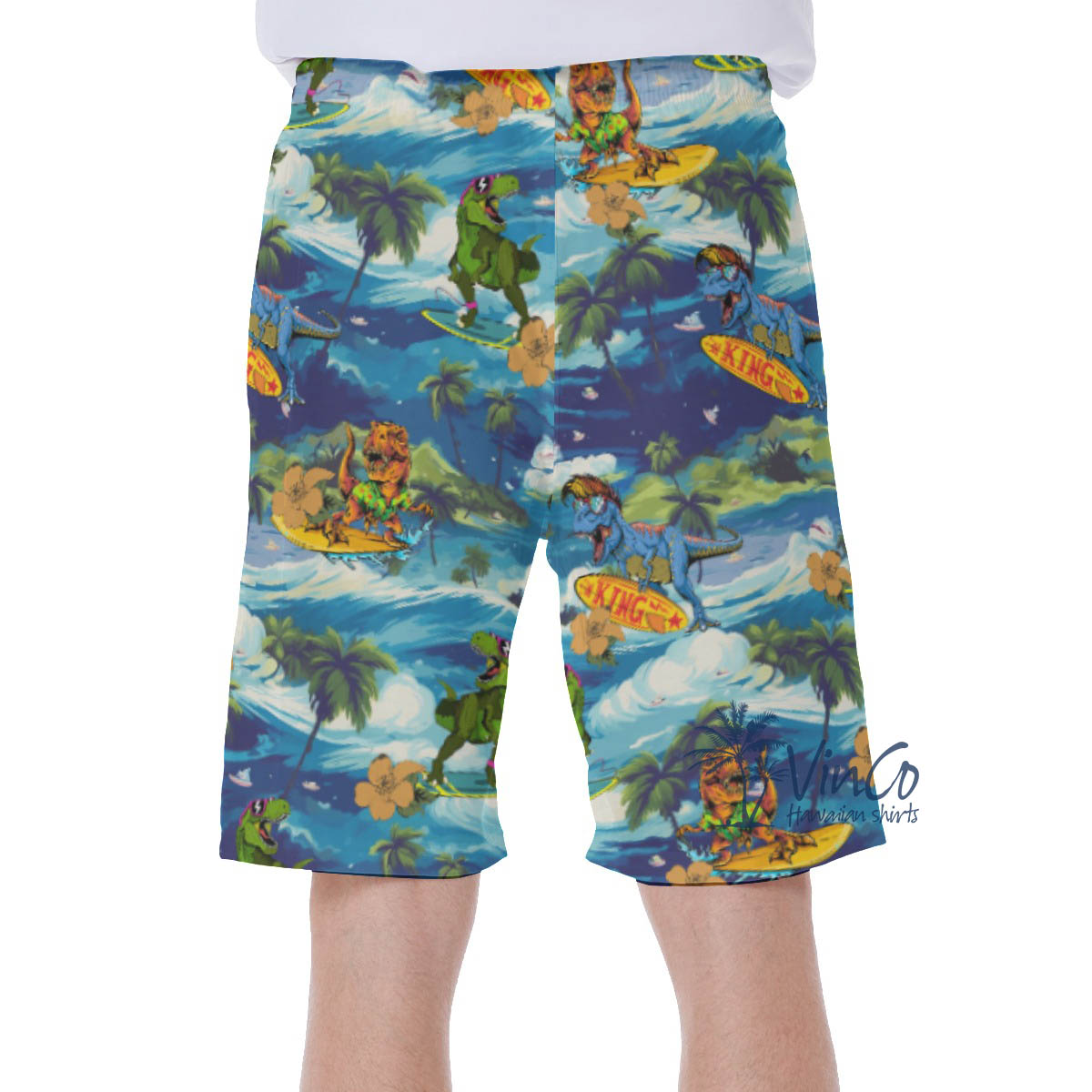 Funny Surfing Dinosaur Tropical Hawaiian Swim Trunks For Men
